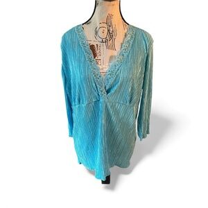 Vintage Giorgio Fiorlini Aqua Pleated Lace Trim Blouse NWT 14/16 (L) Made in USA